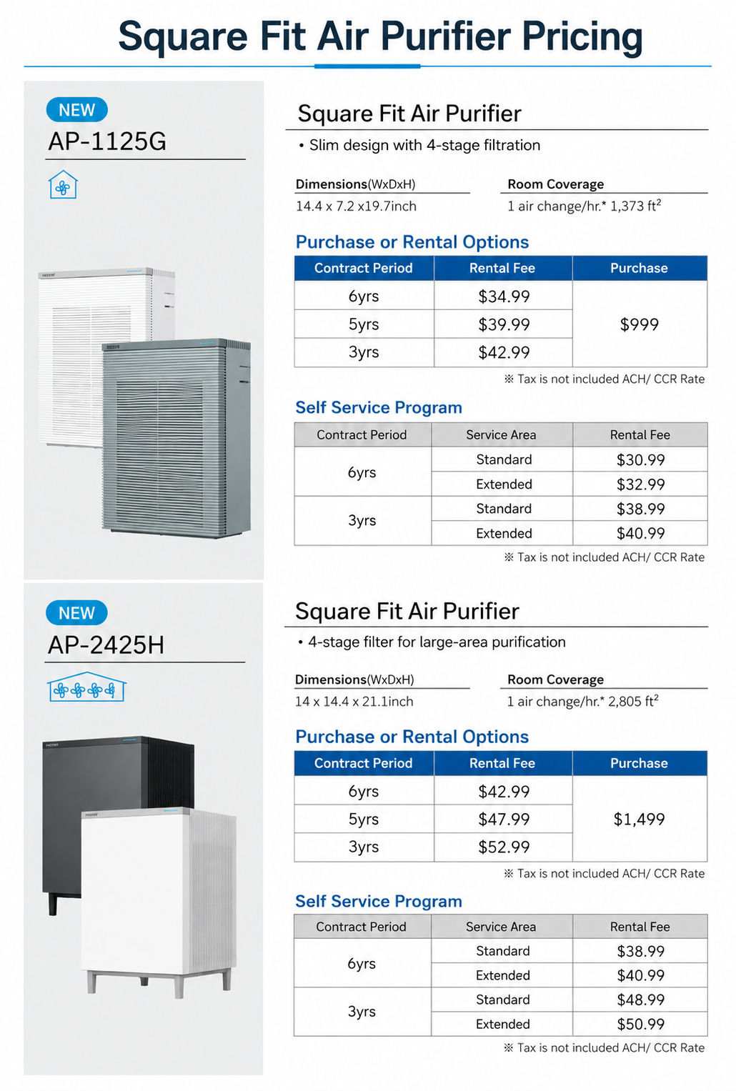 Check the official price list for the New Coway Square Fit Air Purifier. Rental fees start from $30.99/mo with the Self Service Program. Call 347-542-6134 today!